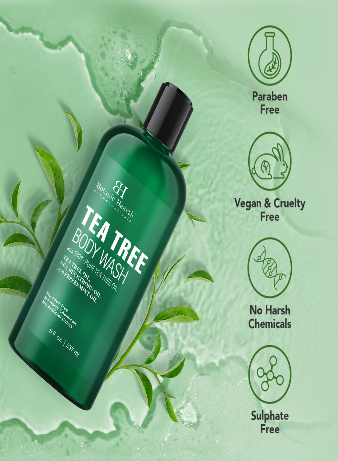 Botanic Hearth Tea Tree Body Wash with Sea Buckthorn Oil, Peppermint Oil | Detoxifies & Rejuvenates | Long Lasting Fragrance | Sulphate & Paraben Free | Shower Gel for Men and Women | 245ml